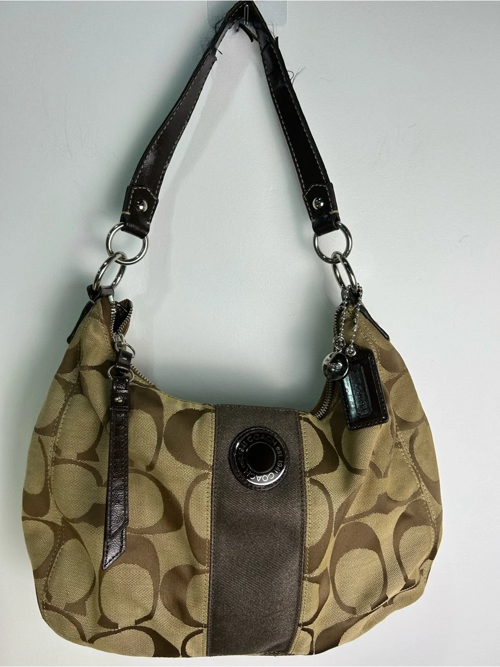 Y2K Coach Monogram Canvas Shoulder Bag in Khaki and Brown Hobo Style